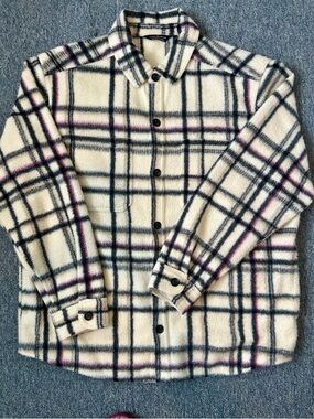 Alpine Design Cream Plaid Shacket with Black & Pink Accents